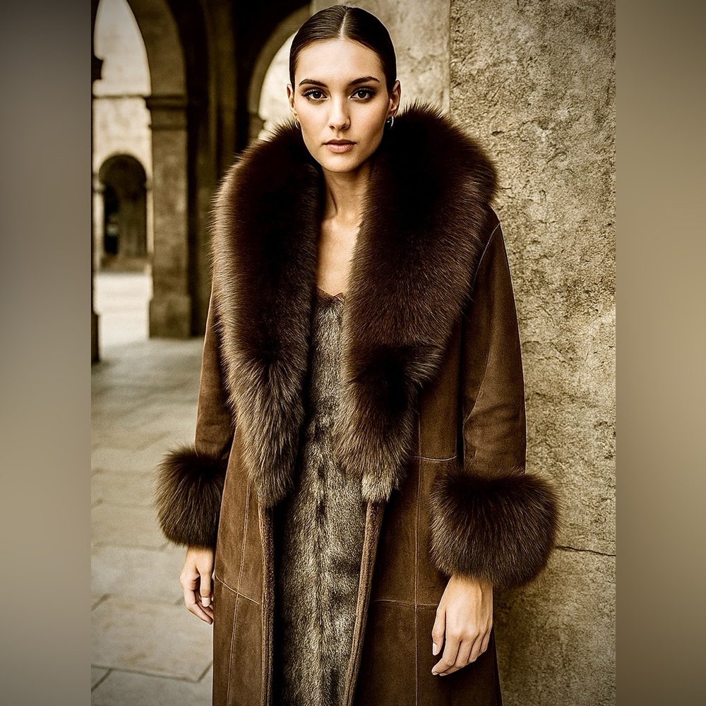 Like New Coffee color suede REAL shearling hooded coat fox trim size 6 / M